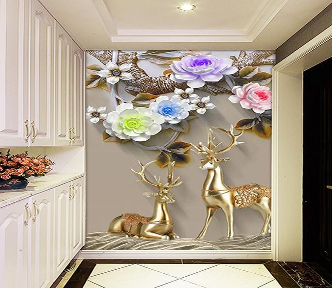 3D Golden Deer Flower 487 Wallpaper AJ Wallpaper 