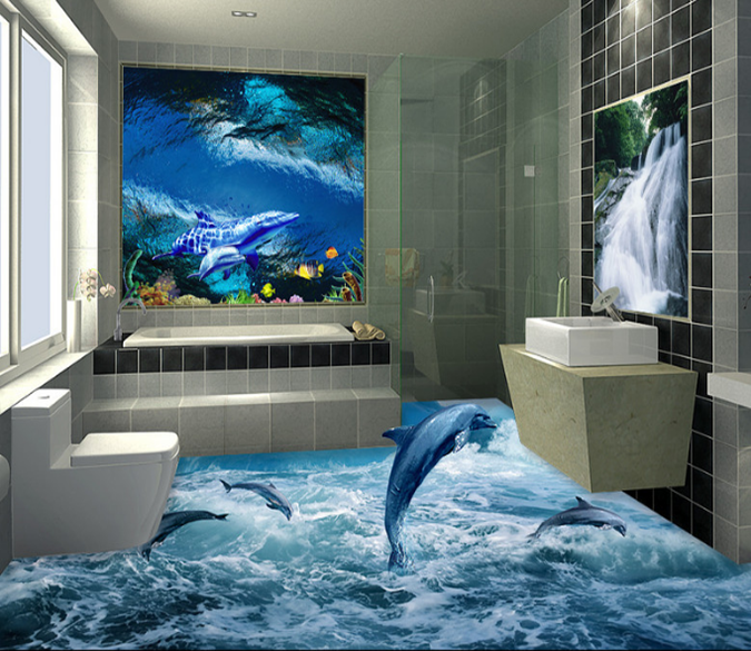 3D Dolphins Jump Up 258 Floor Mural Wallpaper AJ Wallpaper 2 