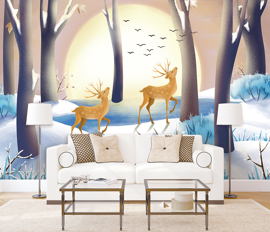 3D Sunset Sika Deer WG361 Wall Murals