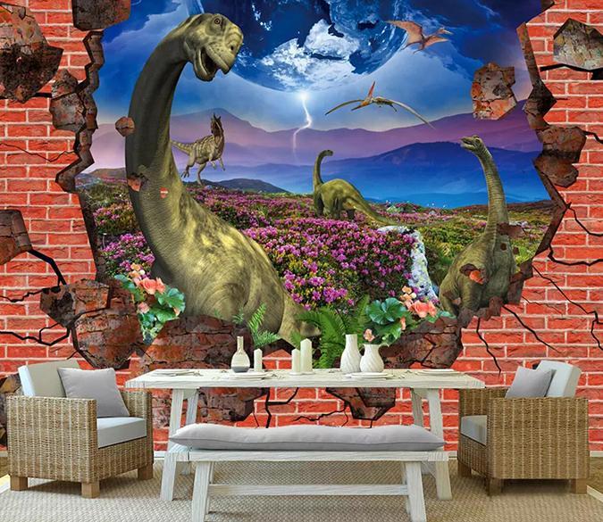 3D Red Wall Dinosaur Flower 251 Wallpaper AJ Wallpaper 