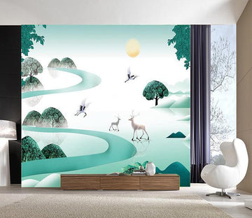 3D White Deer Crane 080 Wallpaper AJ Wallpaper 