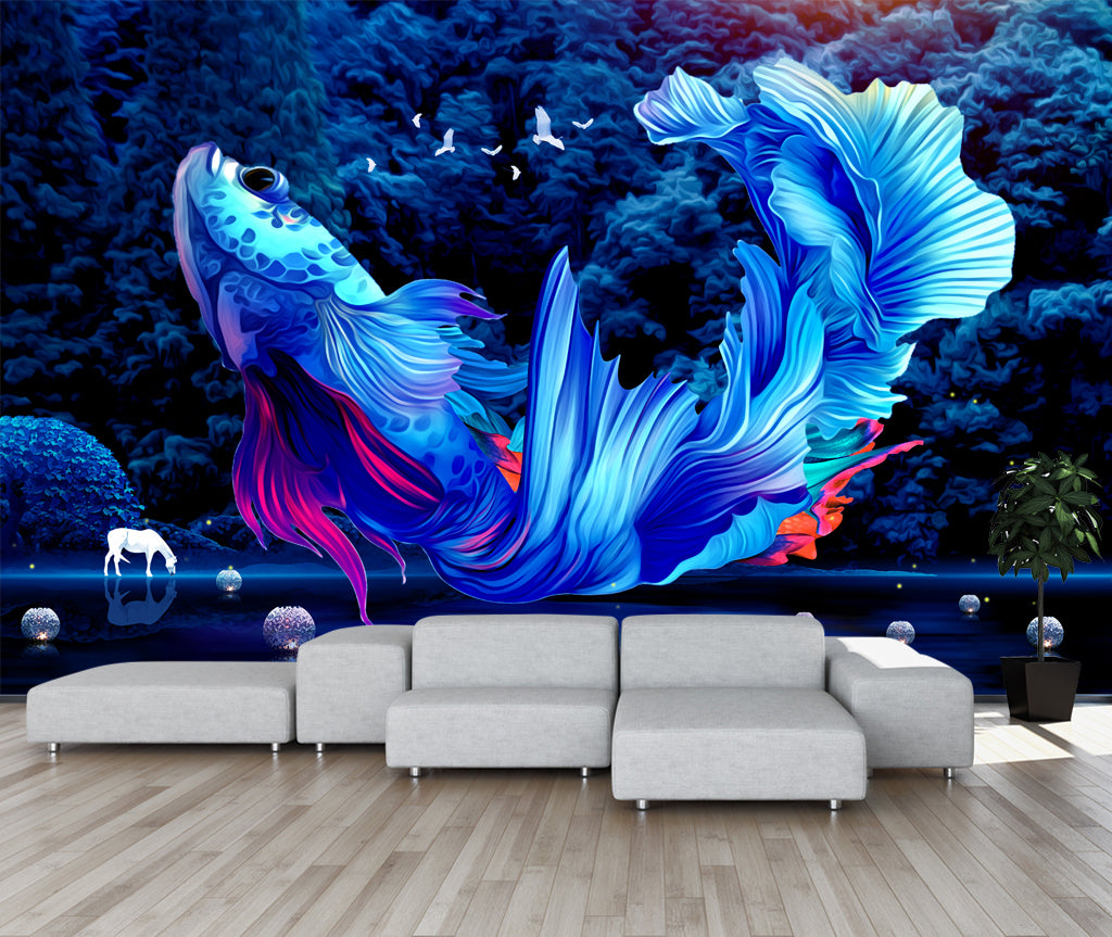 3D Blue Fish Bird WG216 Wall Murals
