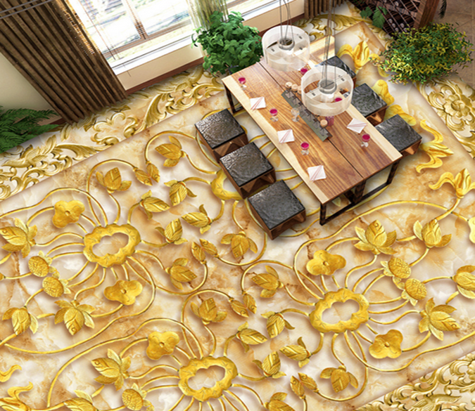 3D Gold Leaves 006 Floor Mural Wallpaper AJ Wallpaper 2 