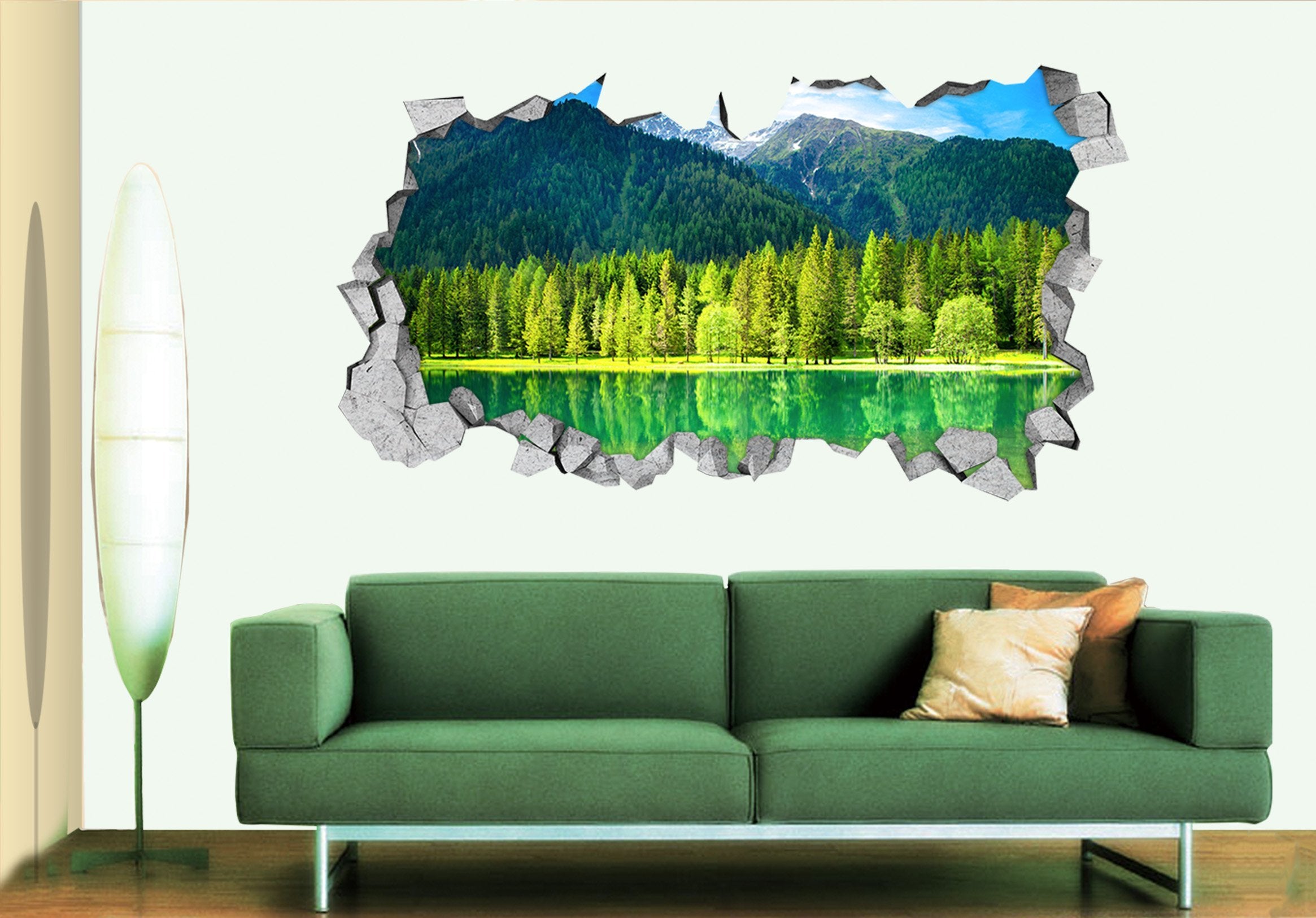3D Green Mountains Lake 021 Broken Wall Murals Wallpaper AJ Wallpaper 