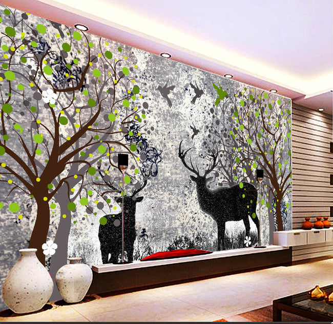3D Tree Black Deer WG062 Wall Murals