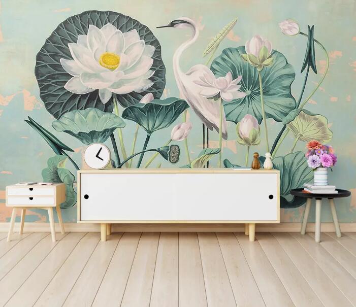 3D Water Lily Bird WG01 Wall Murals Wallpaper AJ Wallpaper 2 