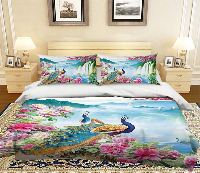 3D Waterfall Peacock 197 Bed Pillowcases Quilt Wallpaper AJ Wallpaper 