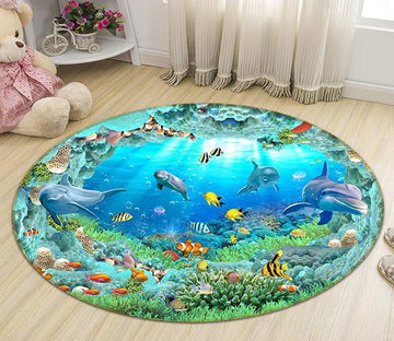 3D Sea Cave Dolphin 005 Round Non Slip Rug Mat Mat AJ Creativity Home 