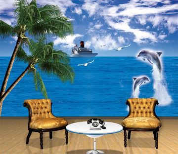 3D Coconut Tree Dolphin 799 Wallpaper AJ Wallpaper 2 