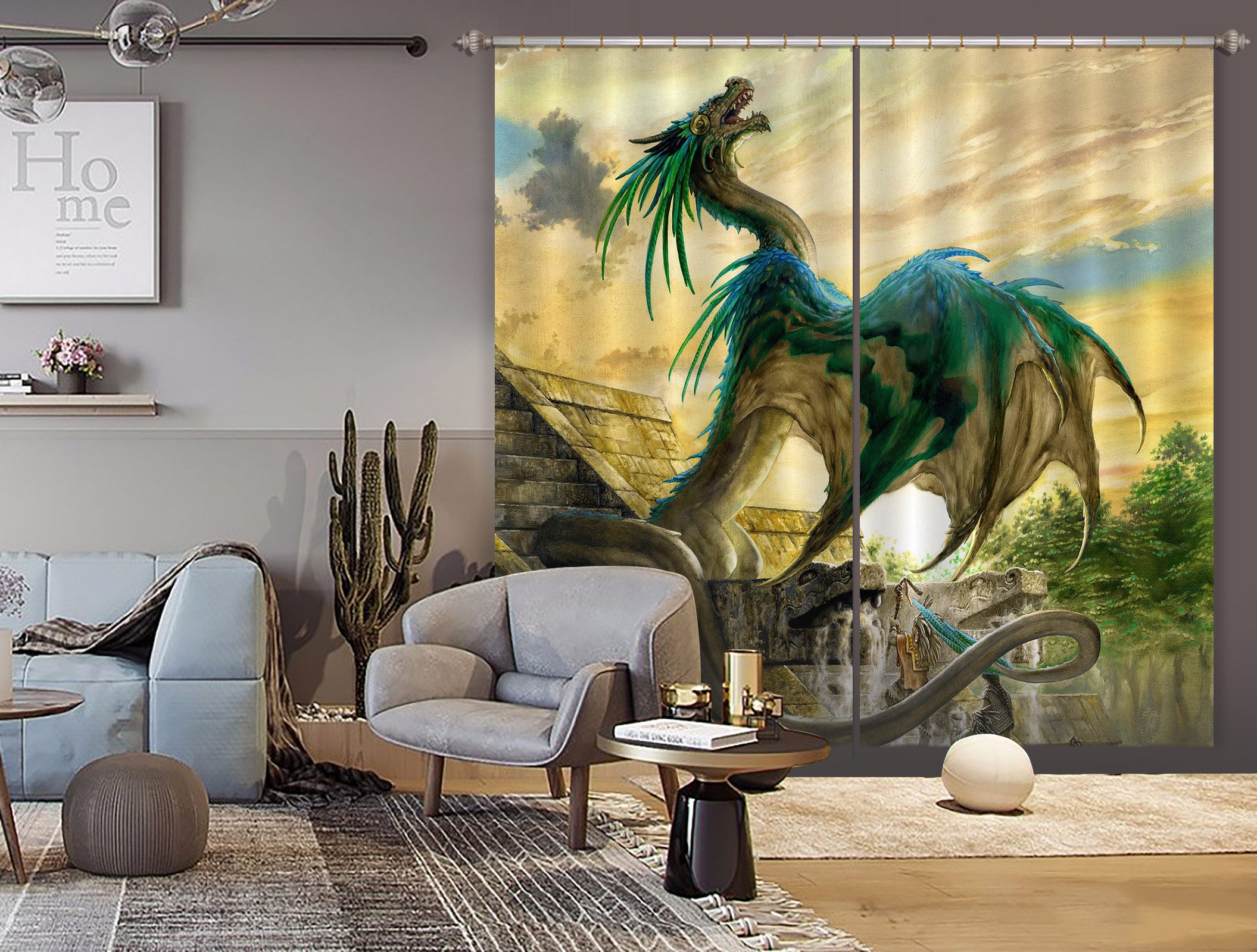 3D Blue-Green Dragon 8014 Ciruelo Curtain Curtains Drapes