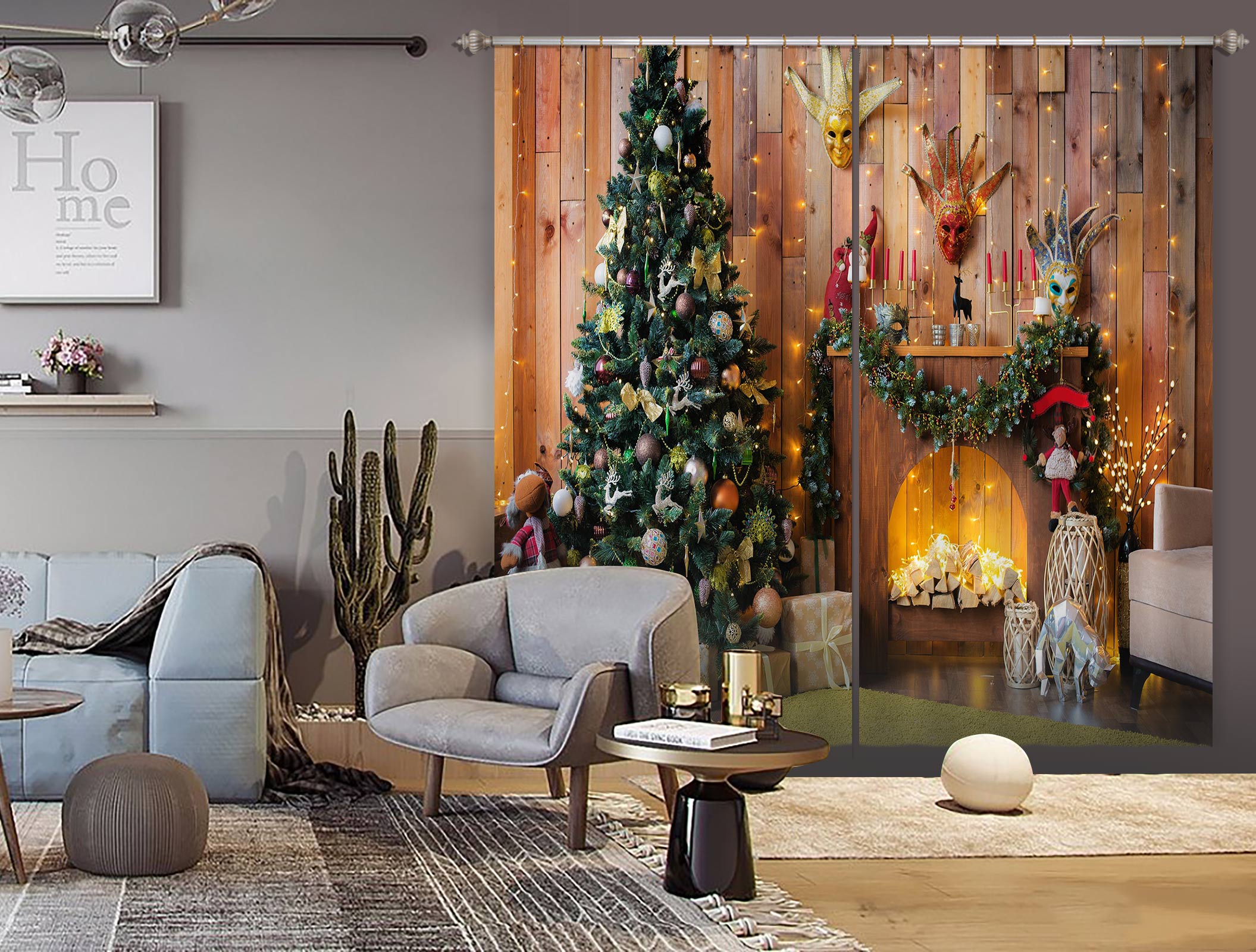 3D Tree Fireplace 53126 Christmas Curtains Drapes Xmas
