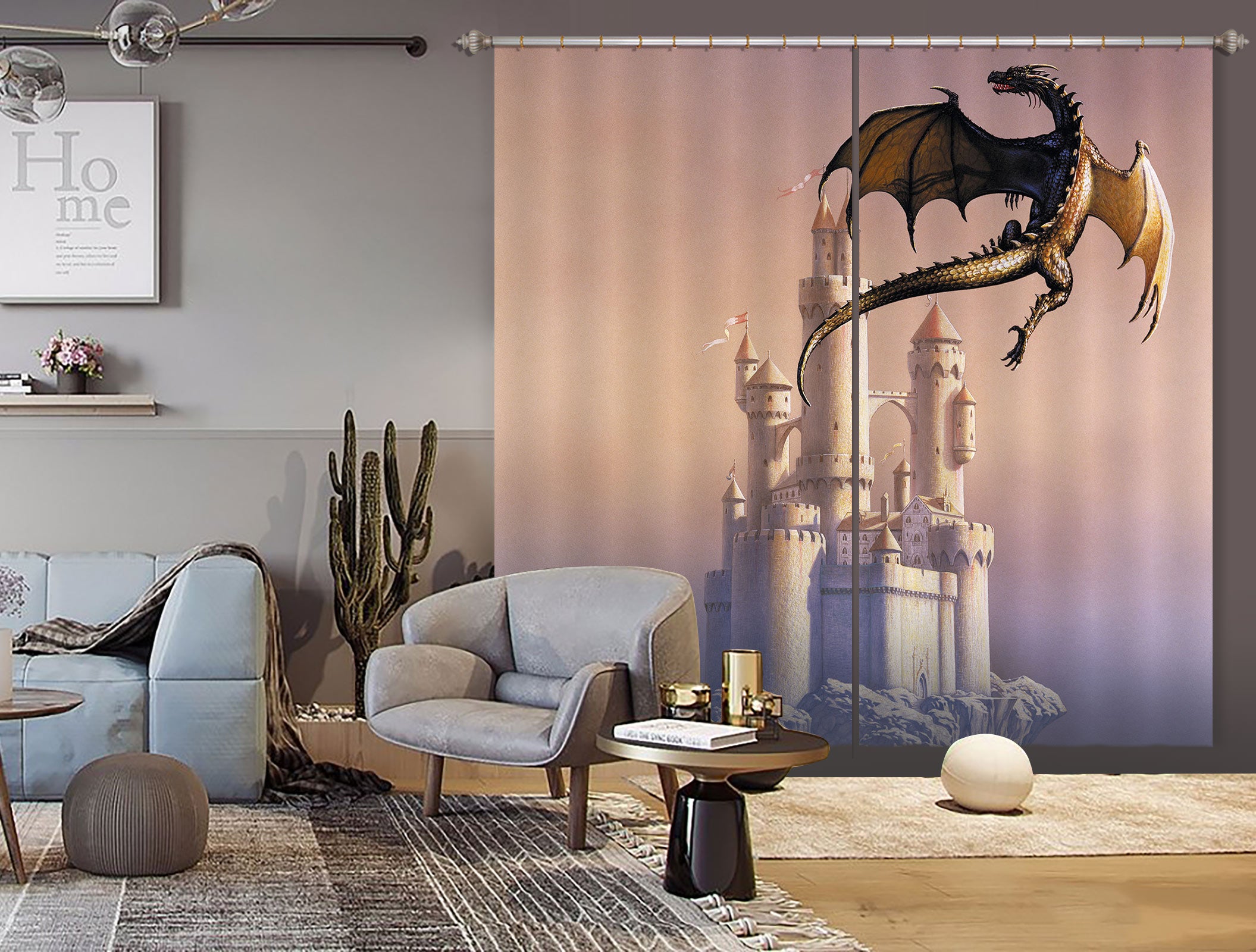 3D White Castle Fly Dragon 7161 Ciruelo Curtain Curtains Drapes