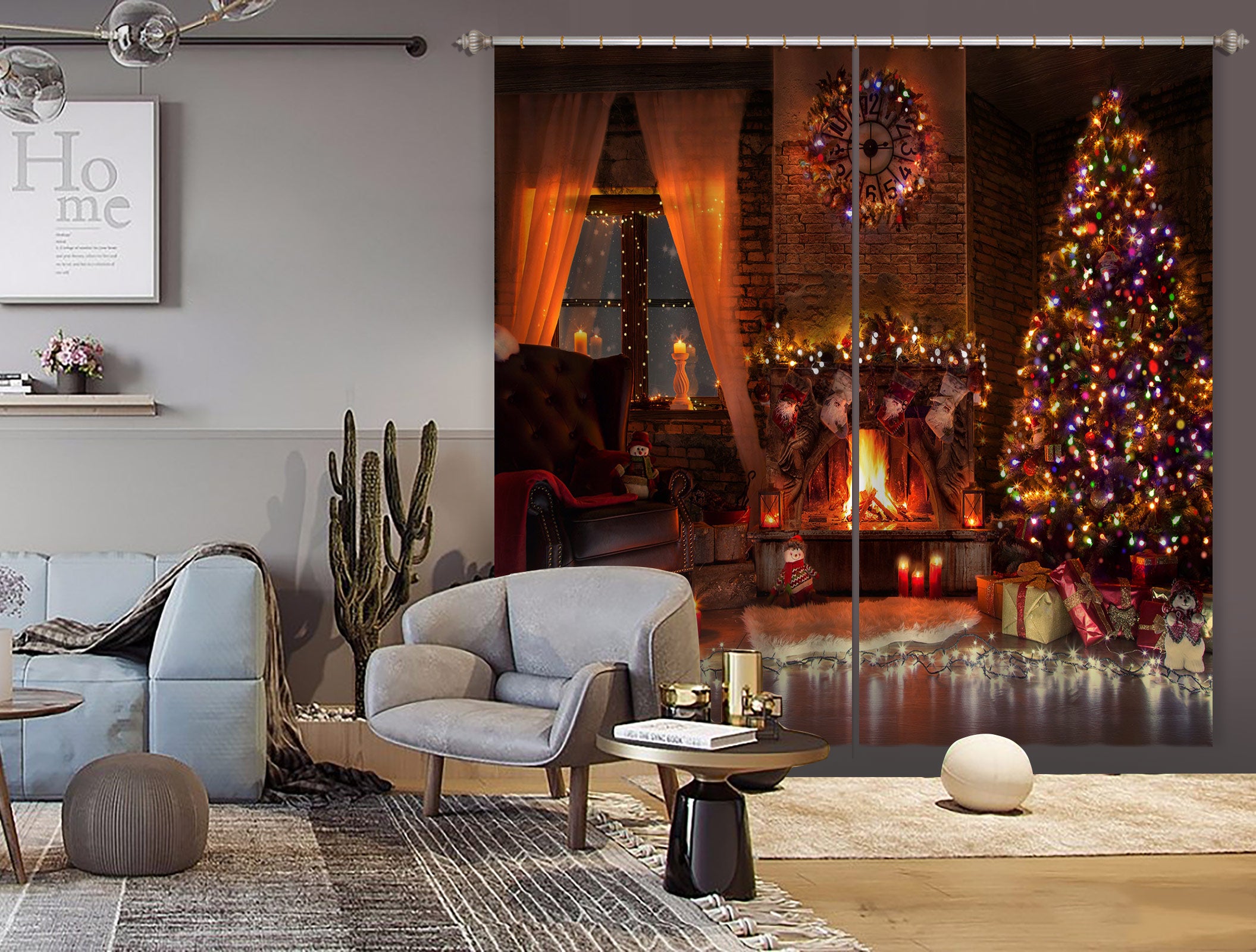 3D Tree Window Fireplace 53147 Christmas Curtains Drapes Xmas