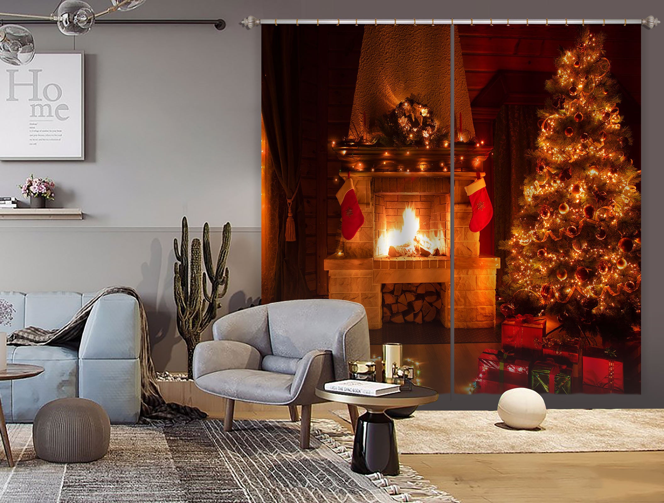 3D Tree Fireplace 53139 Christmas Curtains Drapes Xmas