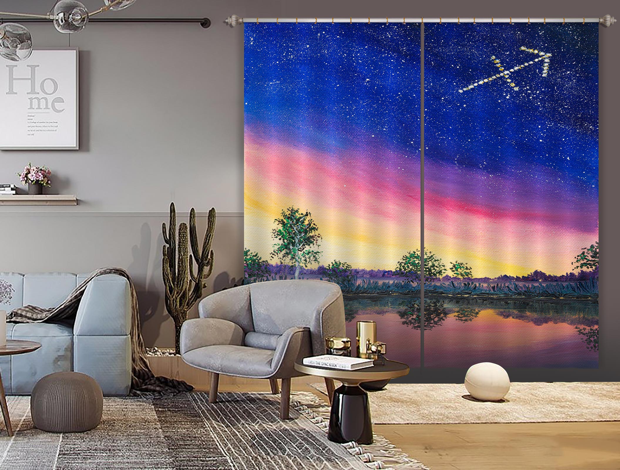 3D Starry Sky Lakeside Tree 1721 Marina Zotova Curtain Curtains Drapes