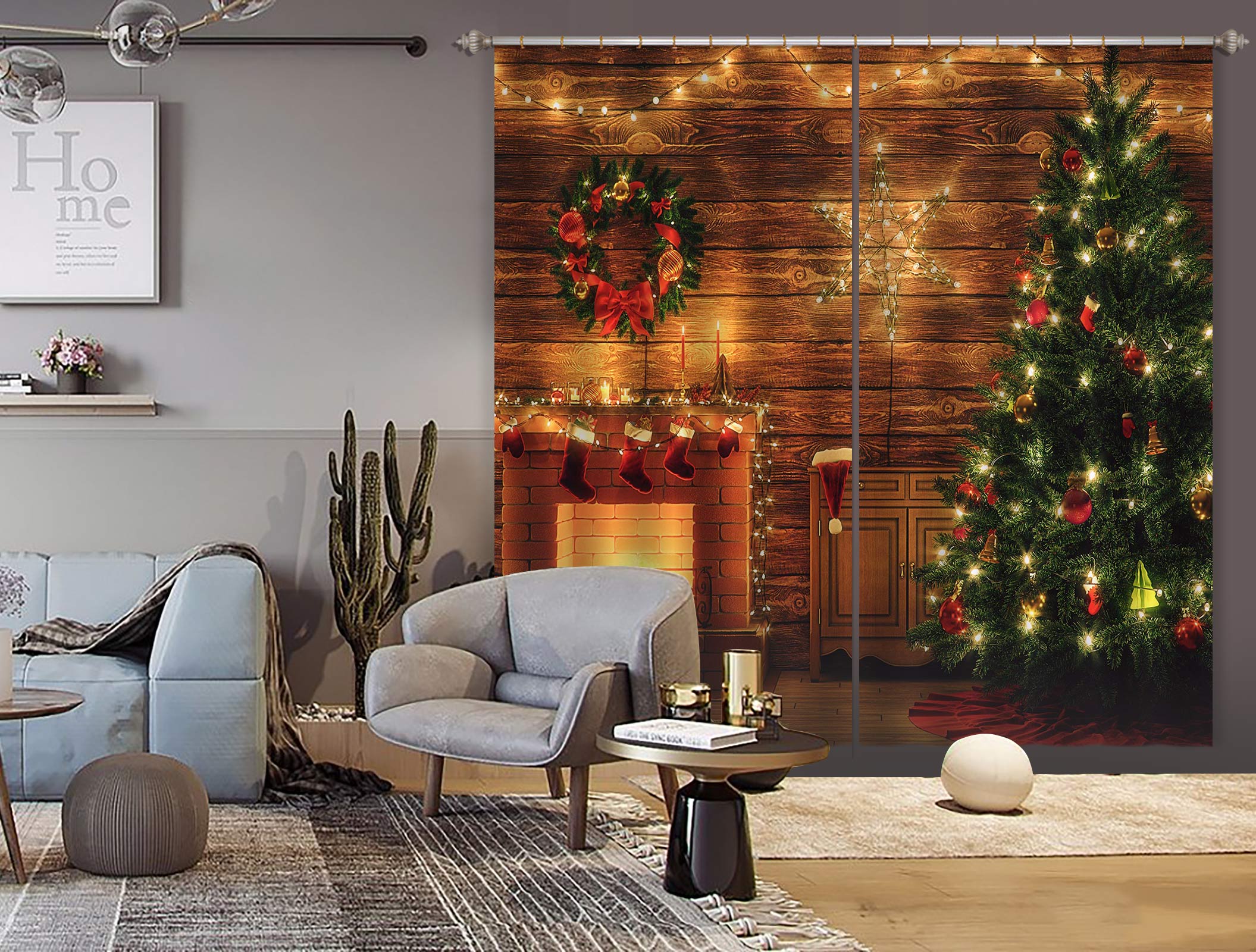 3D Tree Fireplace 53144 Christmas Curtains Drapes Xmas