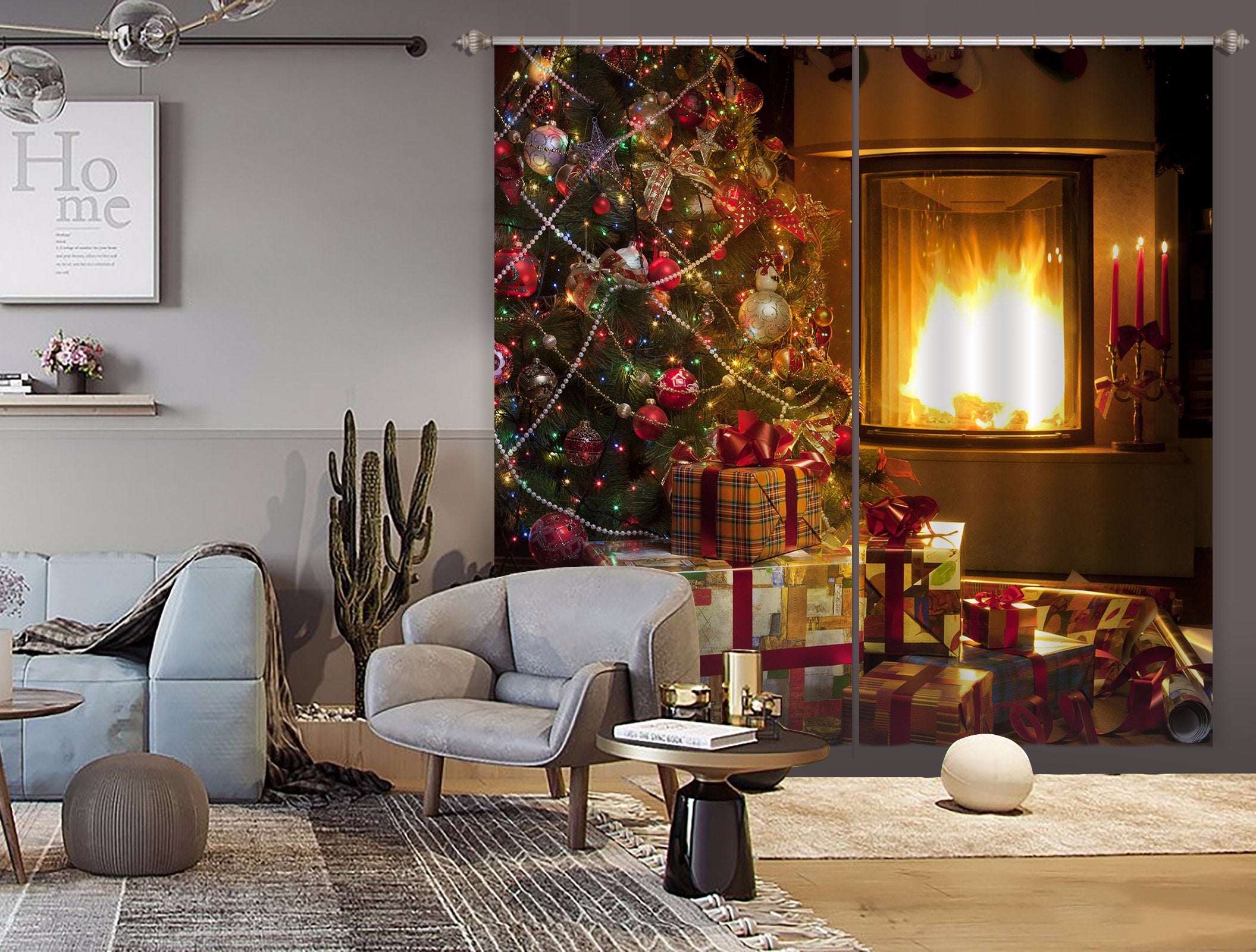3D Tree Gift Fireplace 53055 Christmas Curtains Drapes Xmas