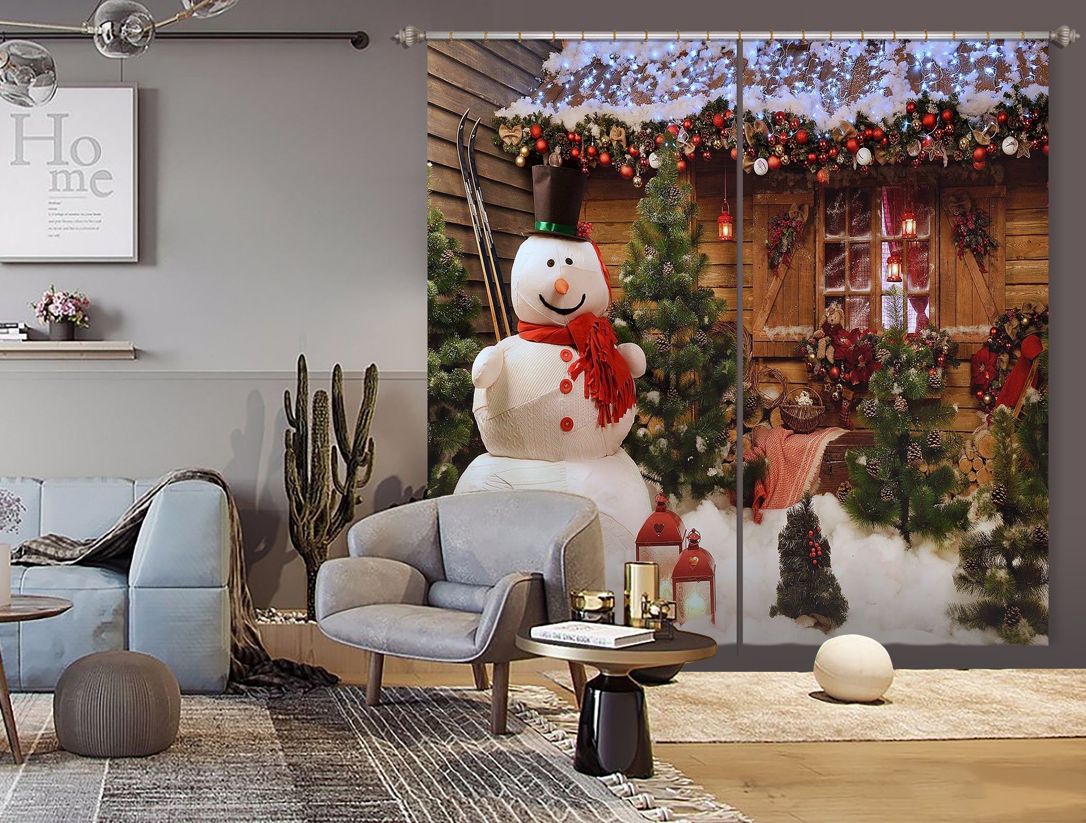 3D Snowman Wooden House 53134 Christmas Curtains Drapes Xmas