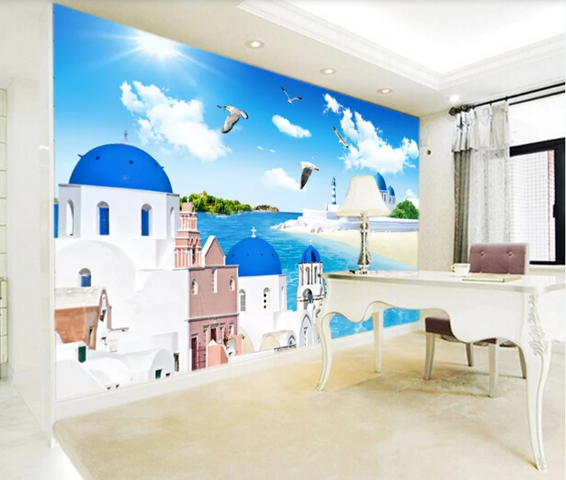 3D Beach Seagull House WC717 Wall Murals