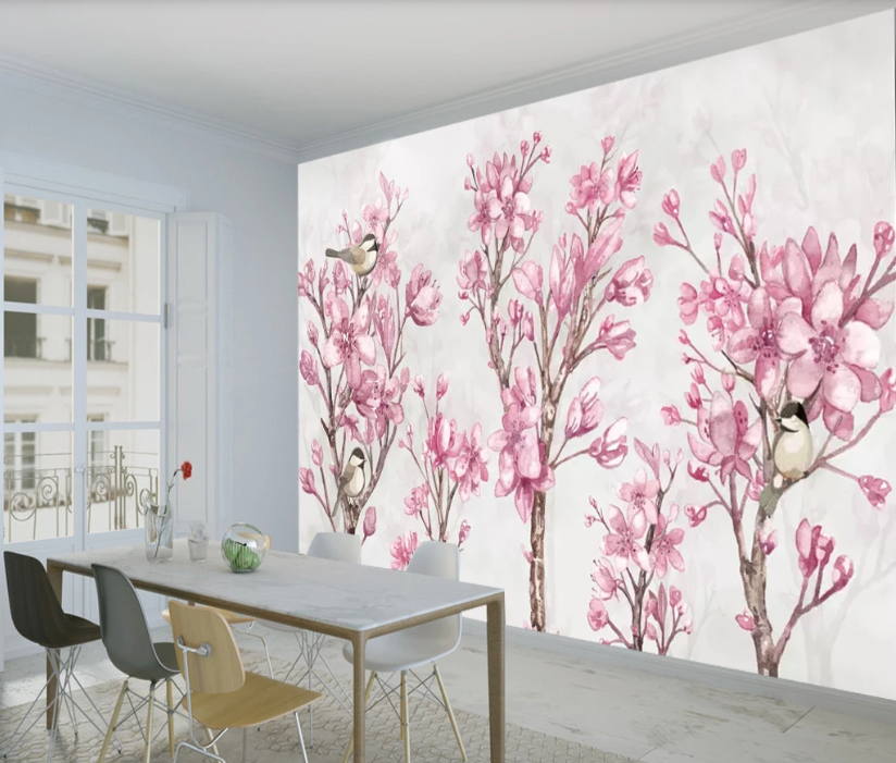3D Pink Flower Magpie WC714 Wall Murals