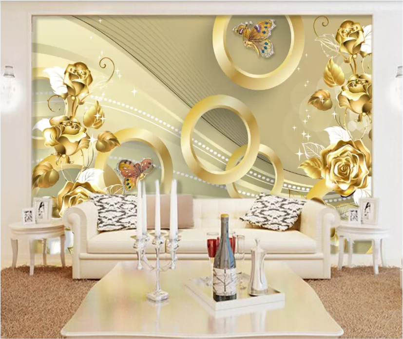3D Gold Rose Butterfly WC707 Wall Murals