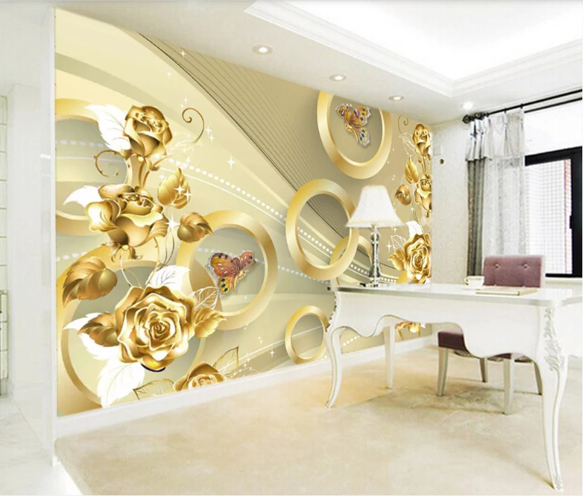 3D Gold Rose Butterfly WC707 Wall Murals
