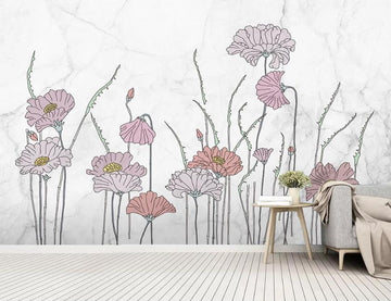 3D Long Stem Pink Flowers 1227 Wall Murals