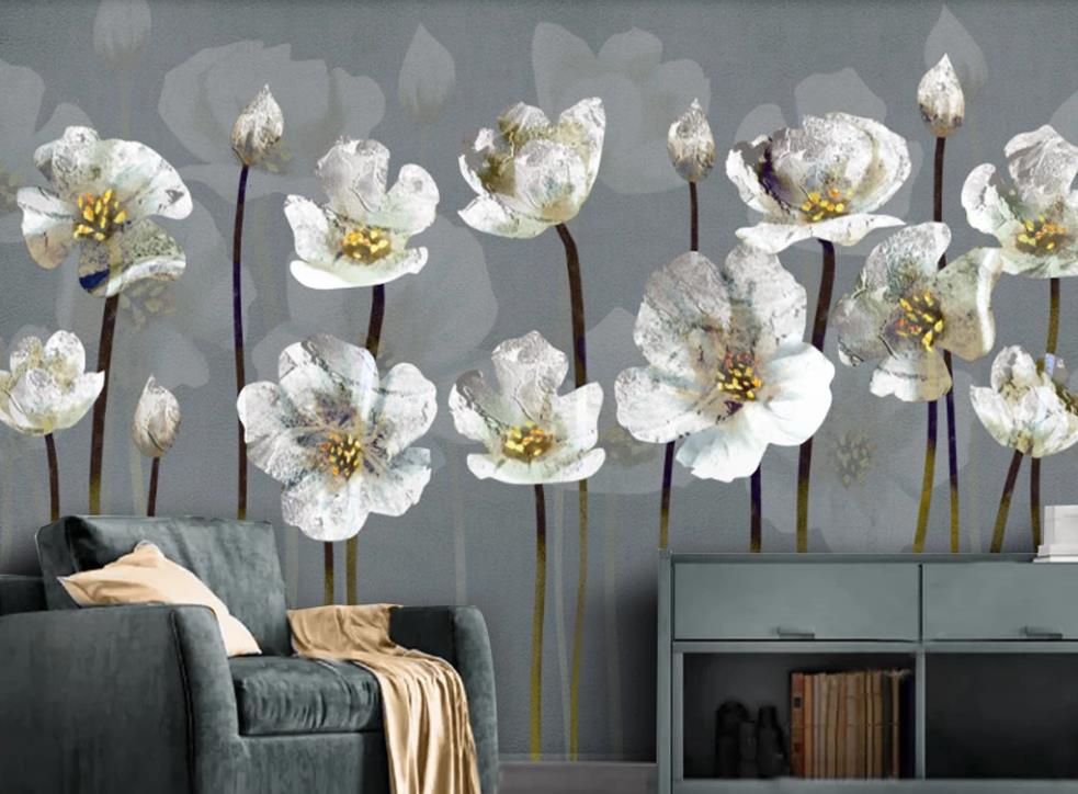 3D Long Stem White Flowers 1210 Wall Murals
