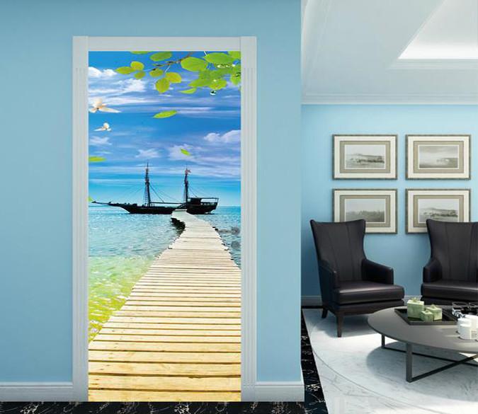 3D blue sky seagull sea plank bridge door mural Wallpaper AJ Wallpaper 