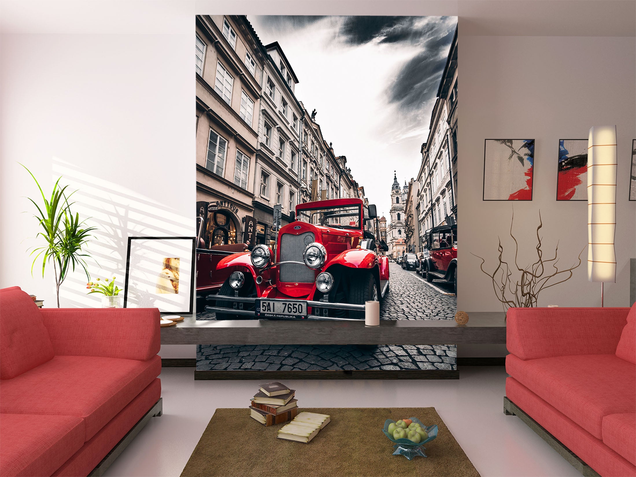 3D Red Classic Car 446 Vehicle Wall Murals