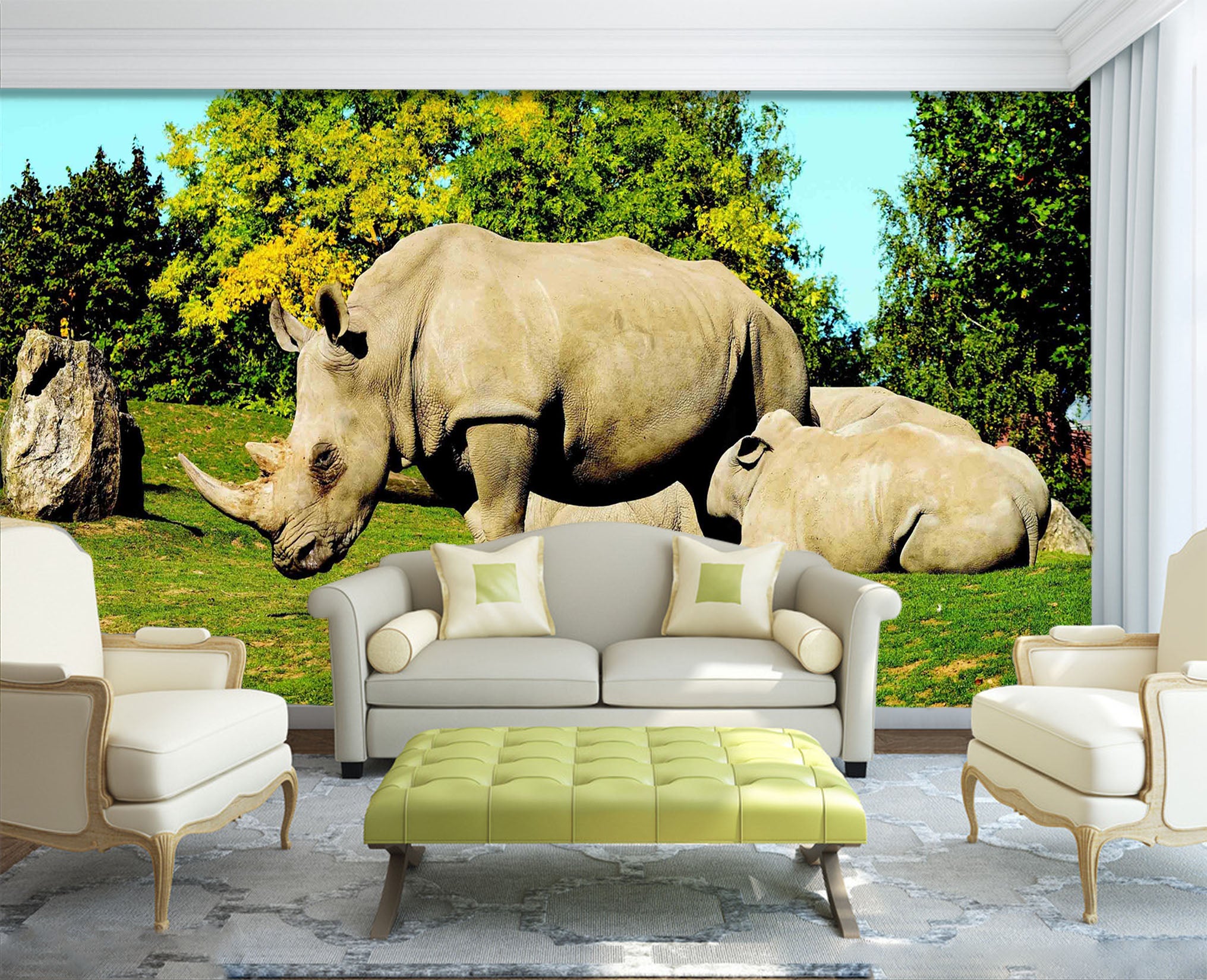 3D Forest Rhino 1069 Wall Murals