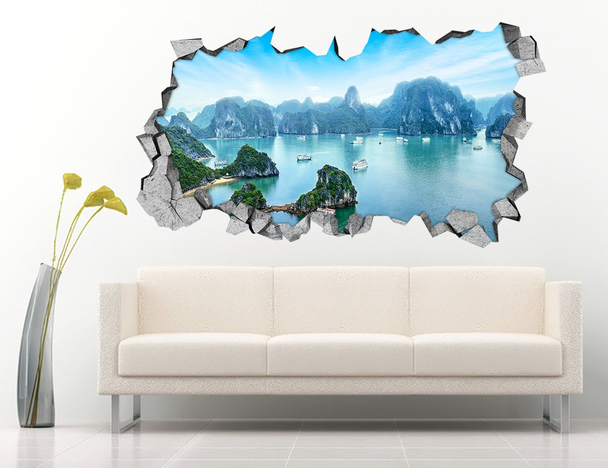 3D Mountains Lake Boats 115 Broken Wall Murals Wallpaper AJ Wallpaper 