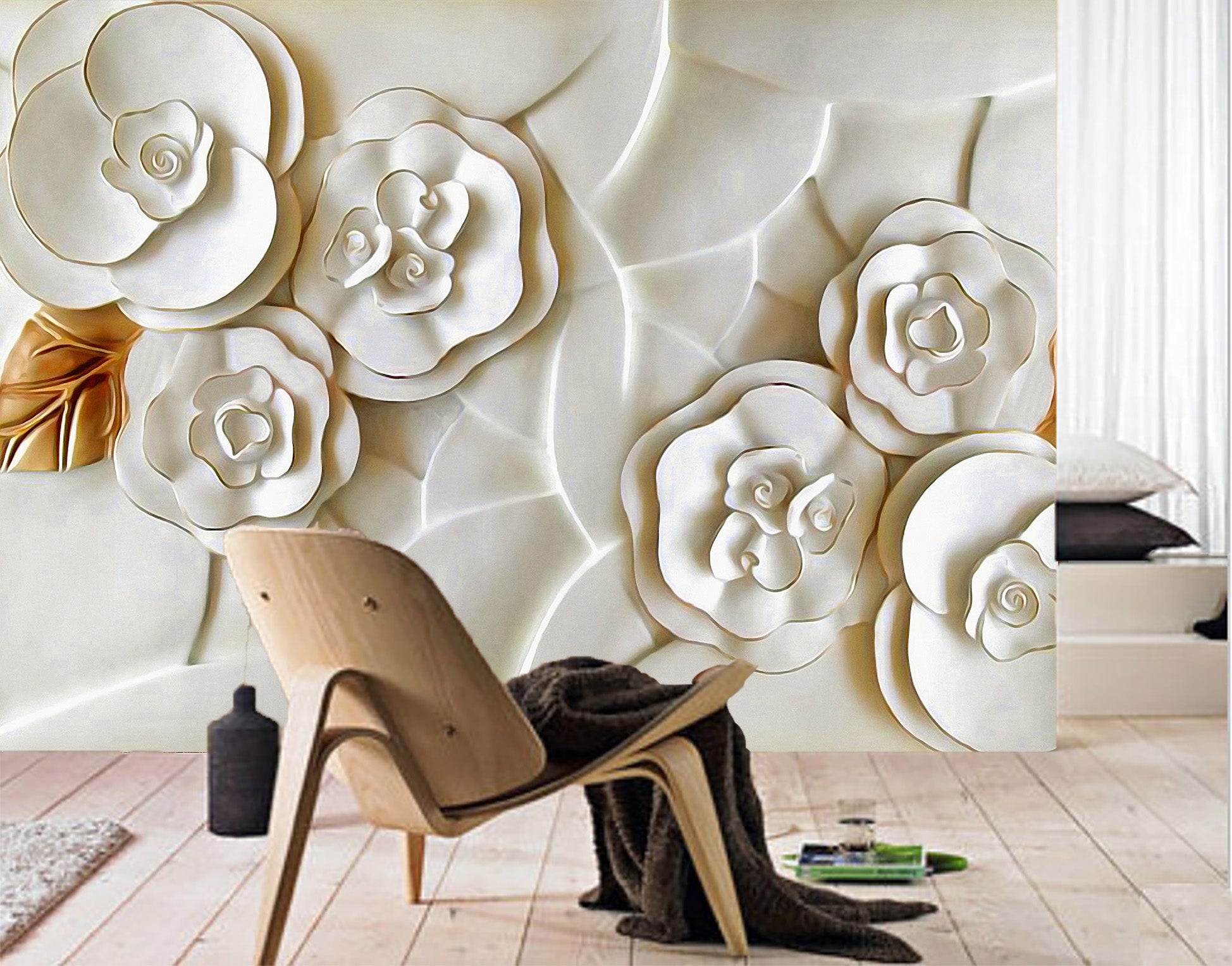3D Embossed White Flower 017 Wall Murals