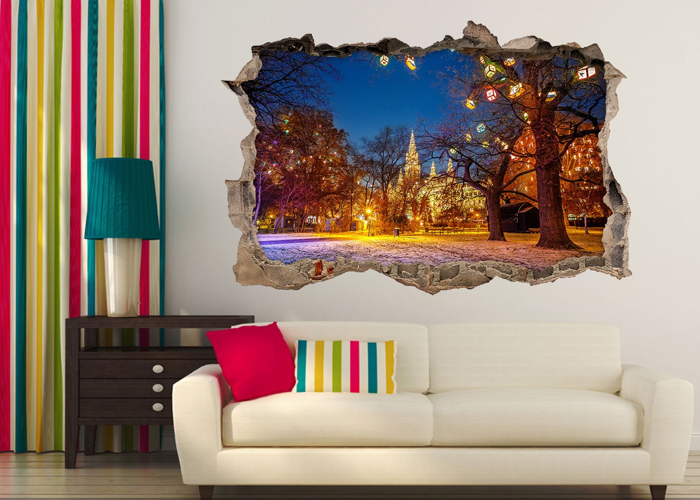 3D Park Colorful Night 048 Broken Wall Murals Wallpaper AJ Wallpaper 