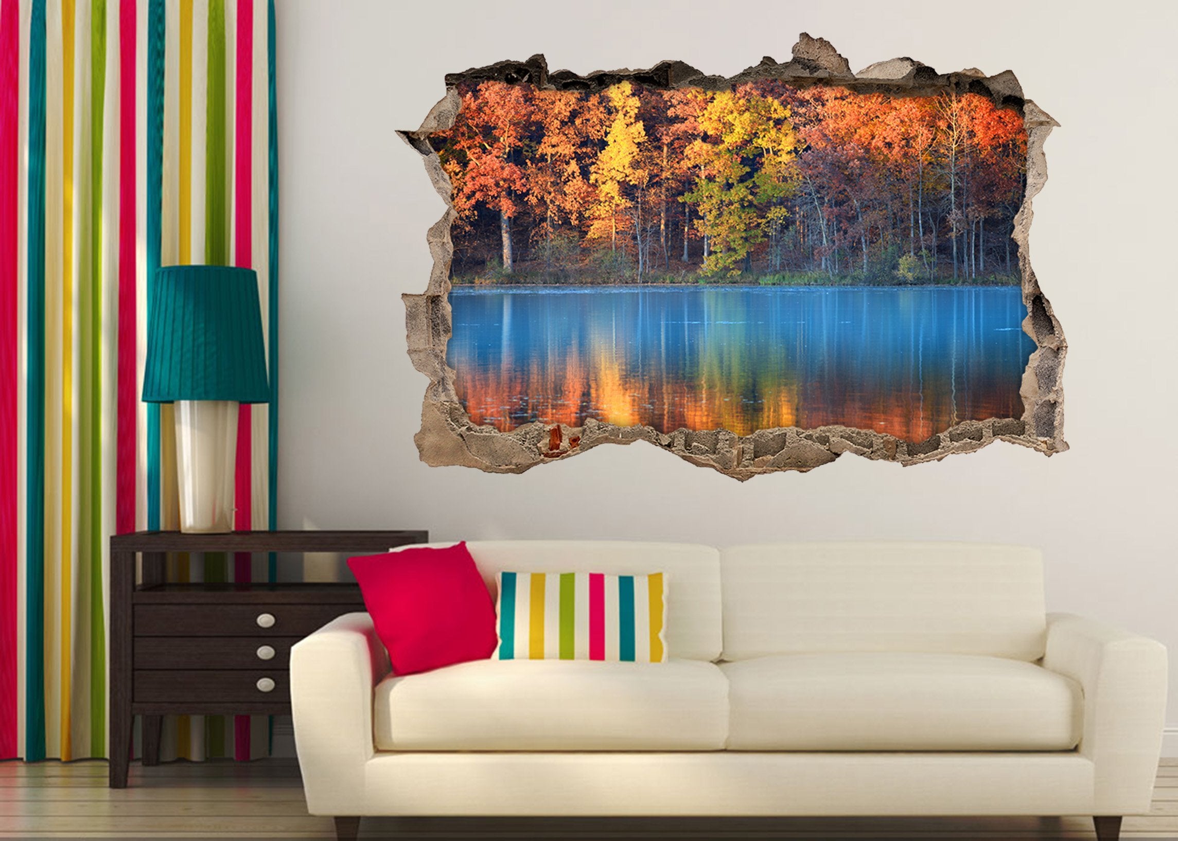 3D Colorful Forest Lake 045 Broken Wall Murals Wallpaper AJ Wallpaper 