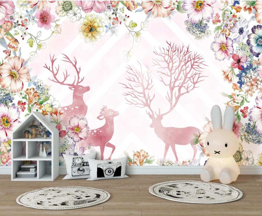 3D Pink Deer Flower WC2744 Wall Murals