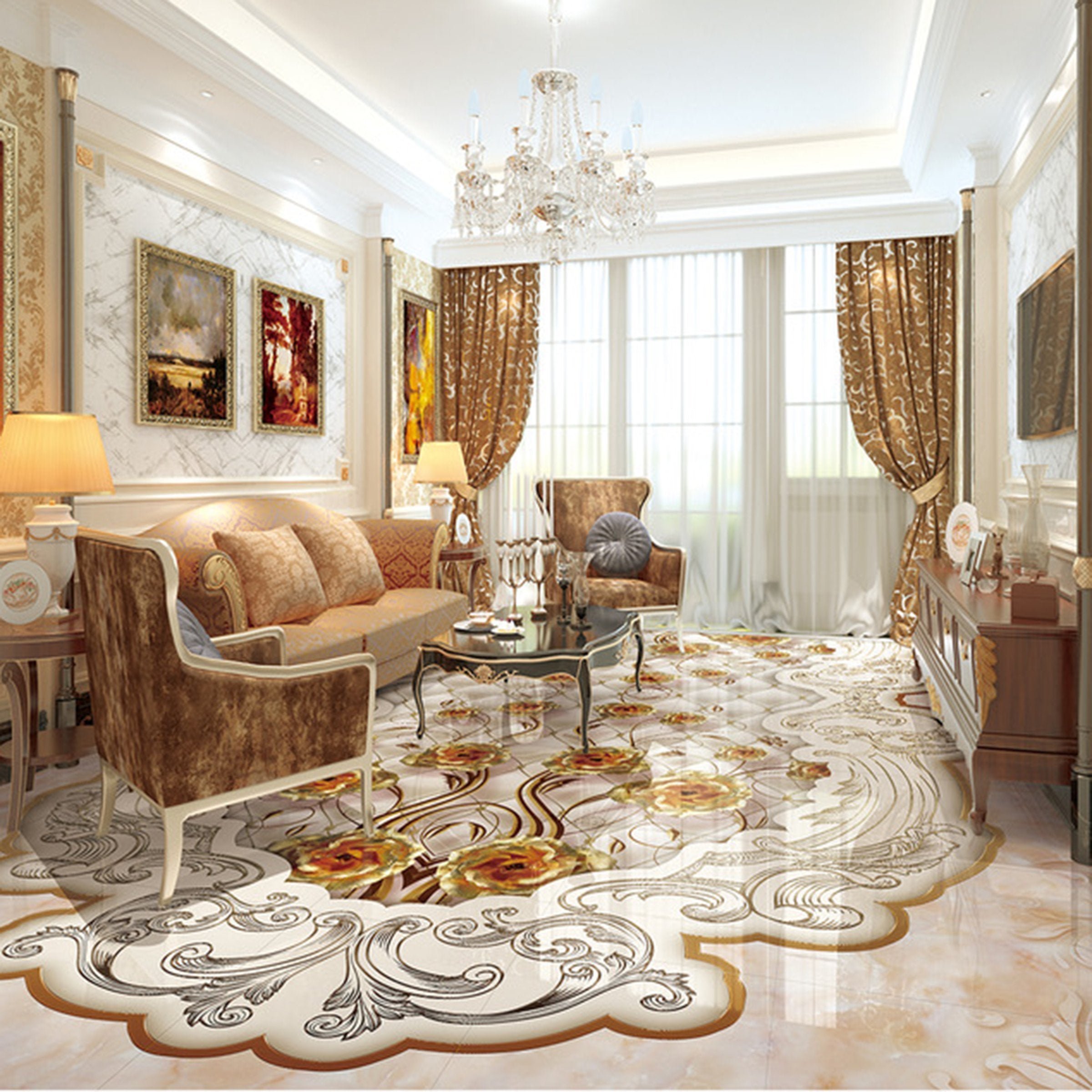 3D Golden Flowers WG032 Floor Mural Wallpaper AJ Wallpaper 2 