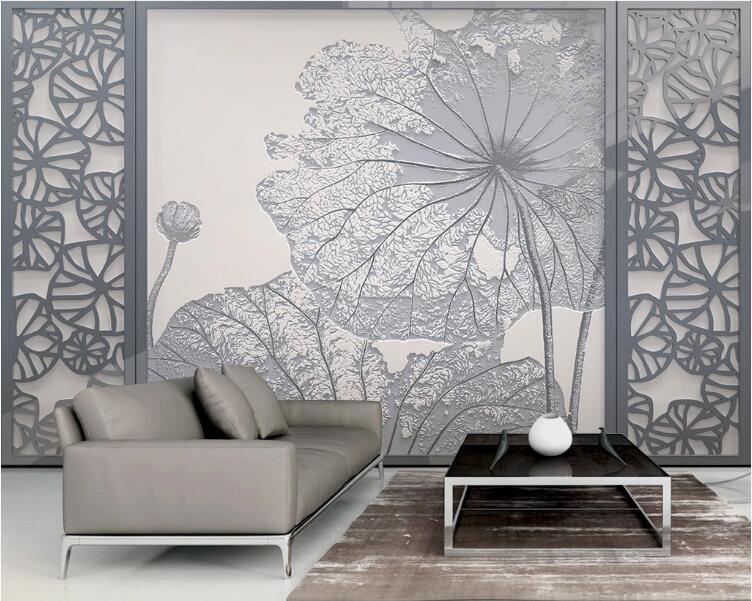 3D Grey Lotus Leaf WC220 Wall Murals