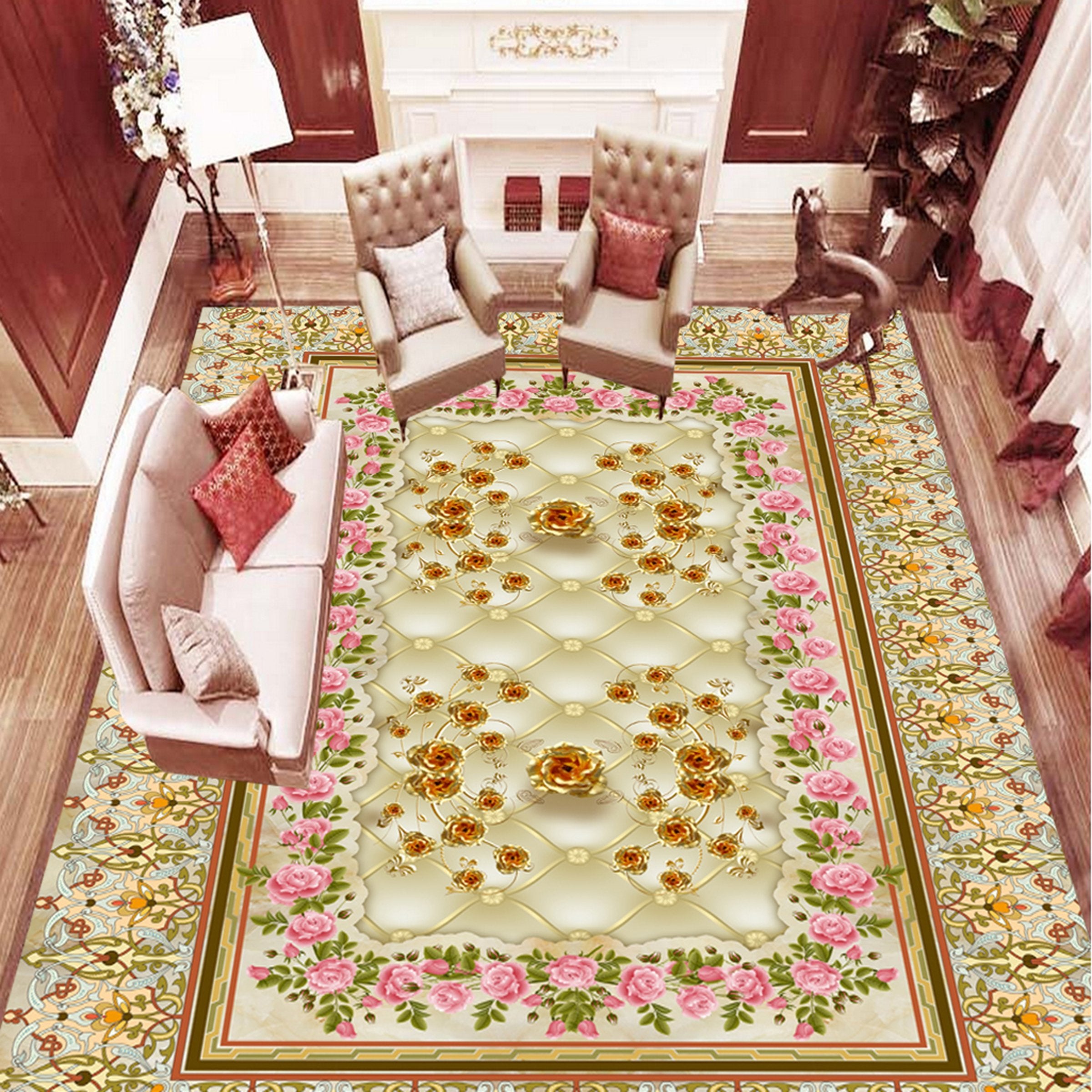 3D Golden Pink Rose WG317 Floor Mural Wallpaper AJ Wallpaper 2 