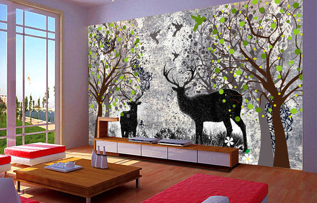 3D Tree Black Deer WG062 Wall Murals