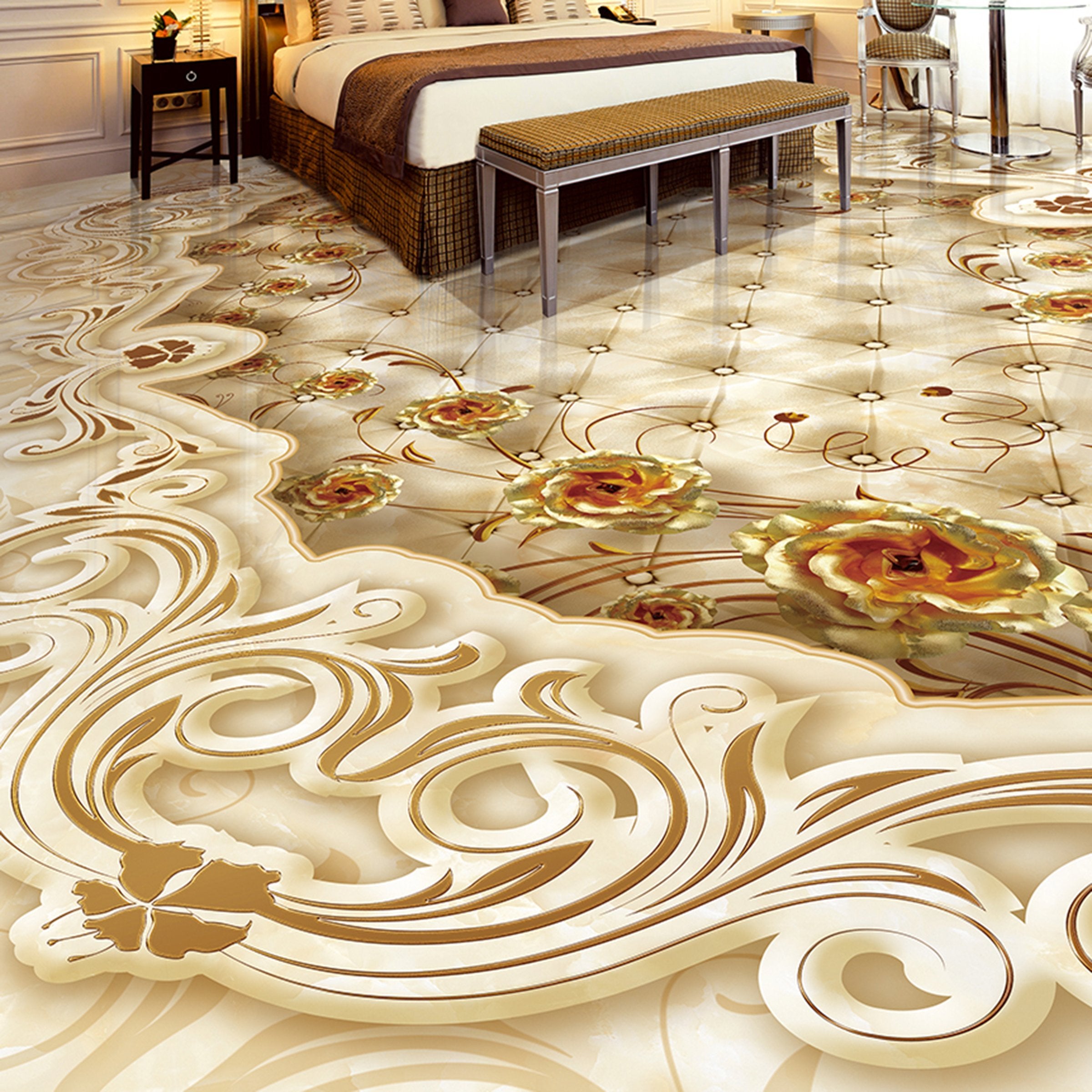 3D Golden Flowers WG303 Floor Mural Wallpaper AJ Wallpaper 2 