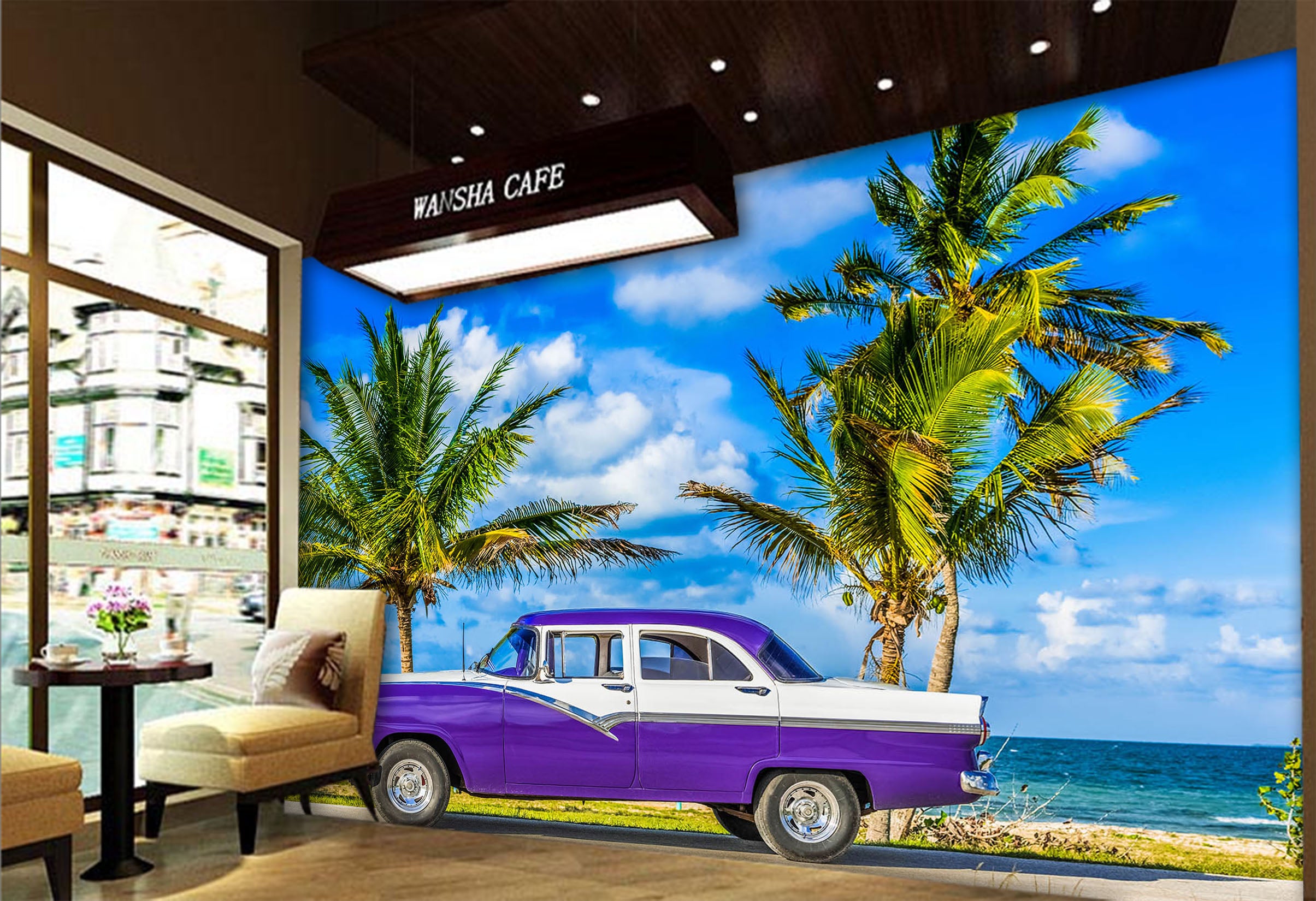 3D Beach Car Tree 385 Vehicle Wall Murals