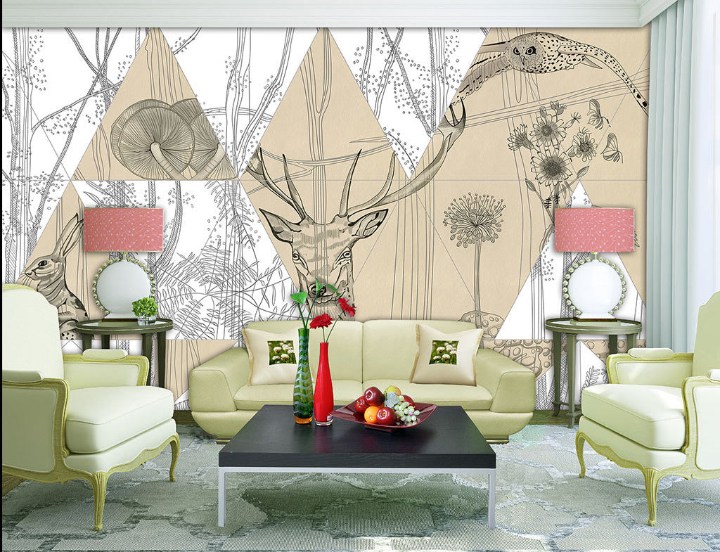 3D Deer Owl Flower WG300 Wall Murals