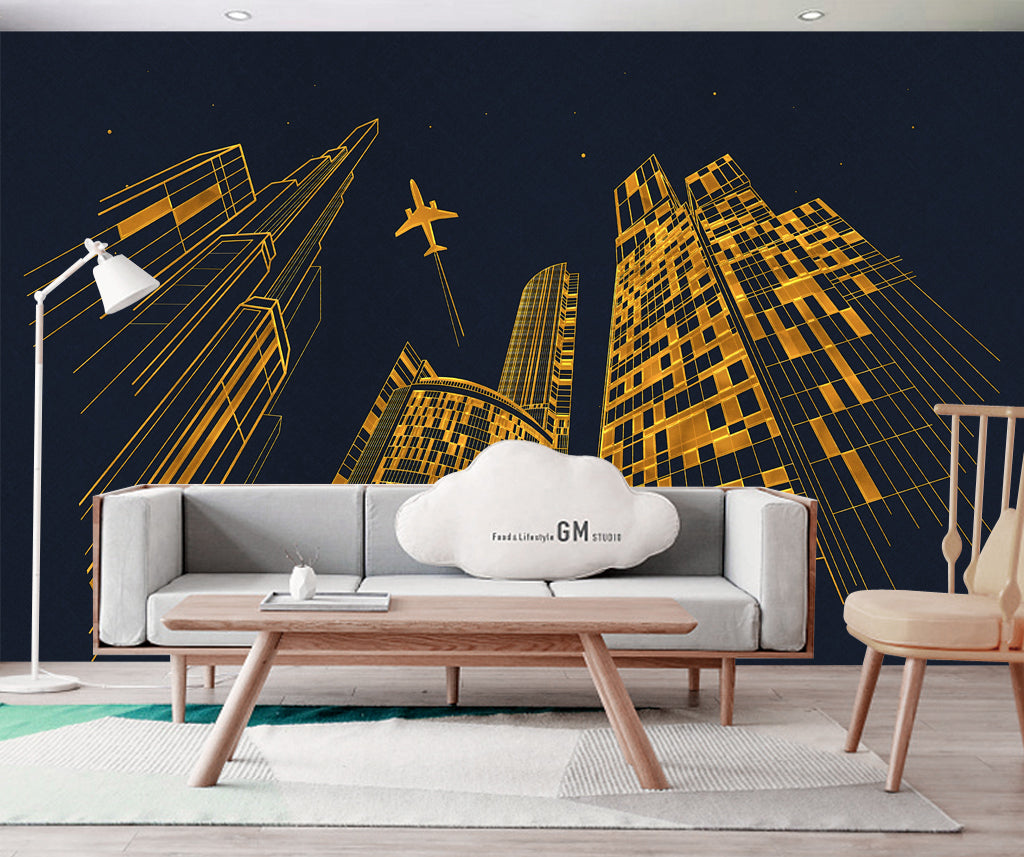 3D Golden Tall Building WC069 Wall Murals