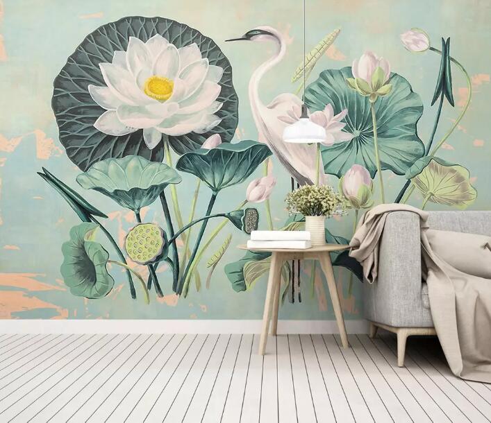 3D Lotus Crane WG869 Wall Murals