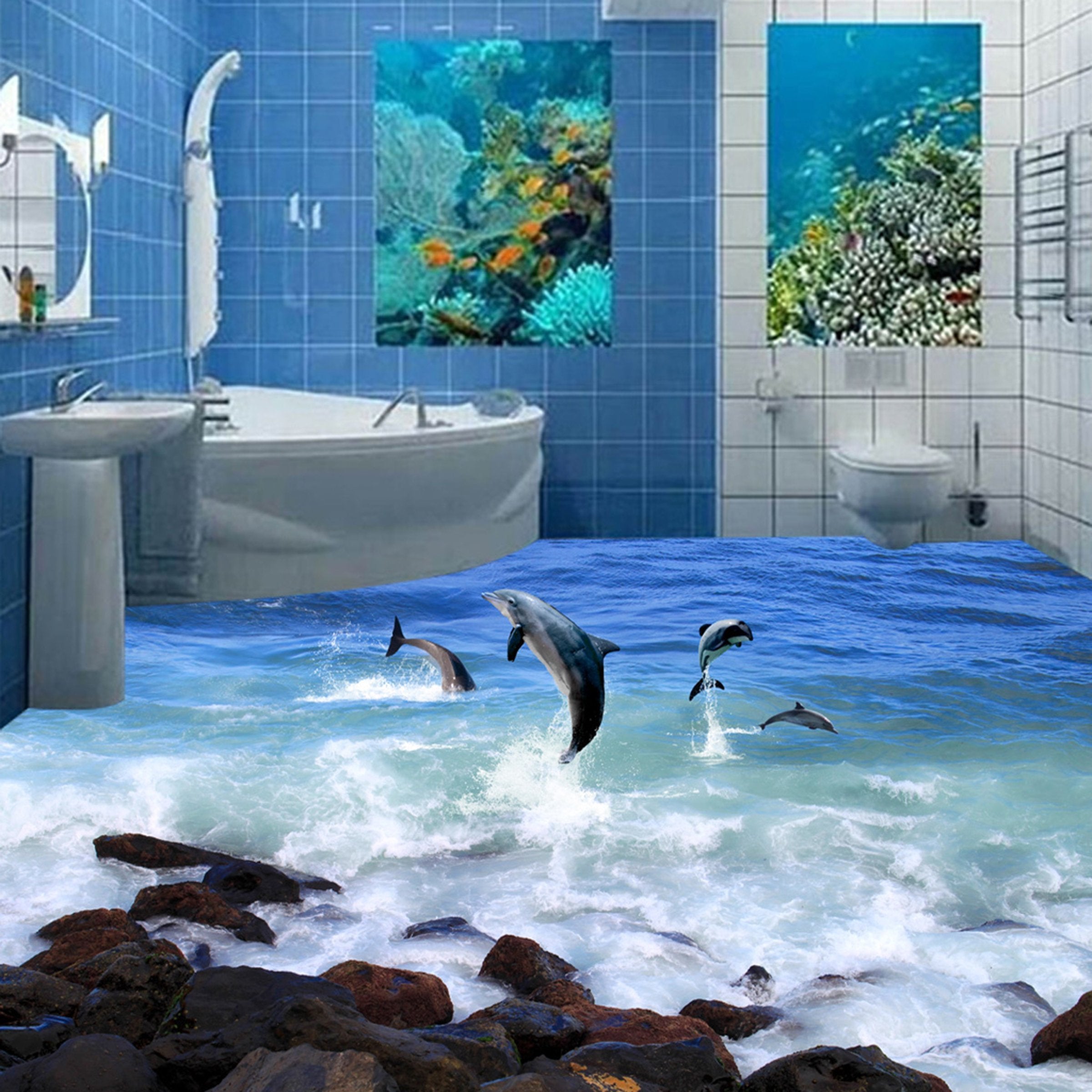3D Dolphin Dancing WG394 Floor Mural Wallpaper AJ Wallpaper 2 