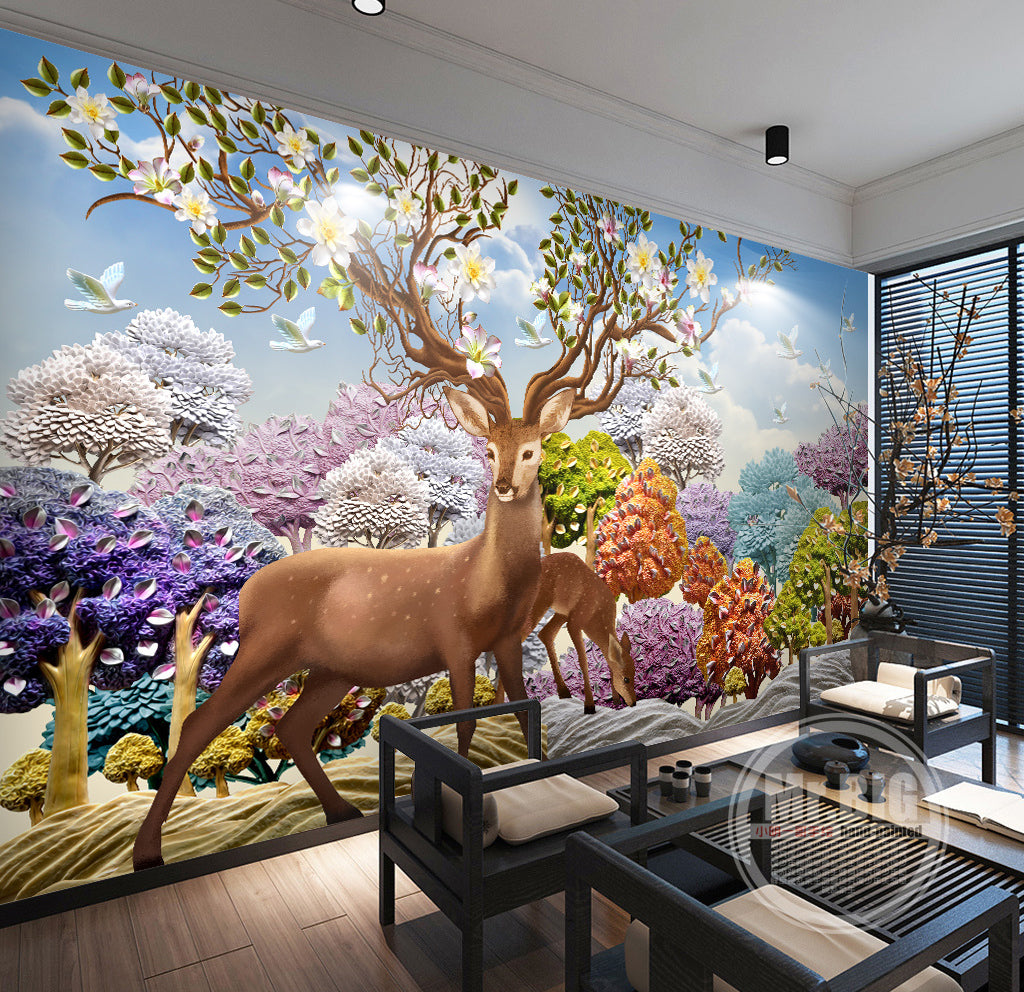 3D Color Tree Fawn WG025 Wall Murals