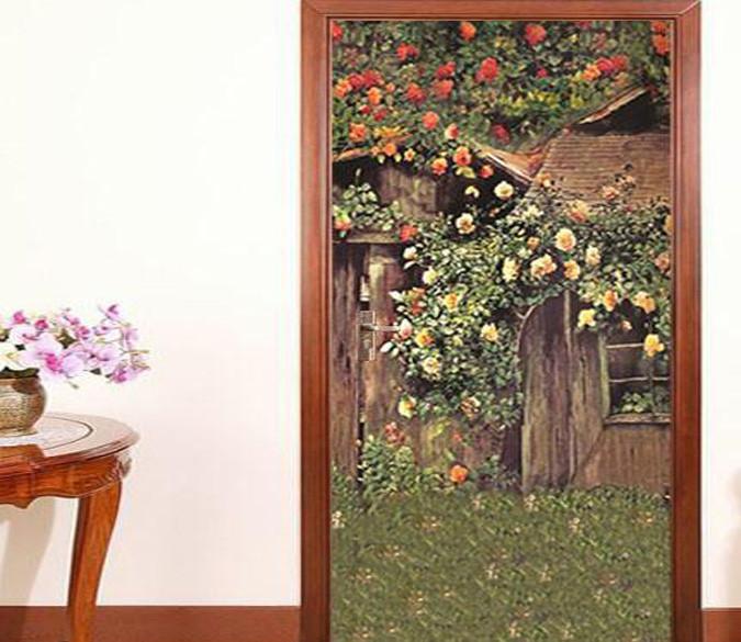 3D cane vine cabin grassland flowers door mural Wallpaper AJ Wallpaper 