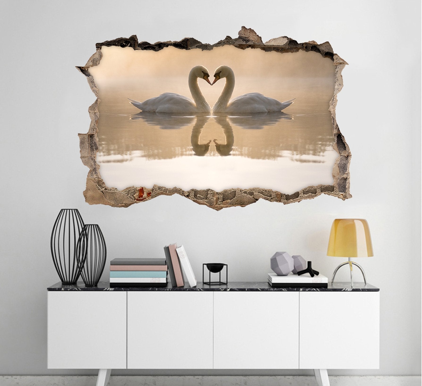 3D Lake Lovely Swans 122 Broken Wall Murals Wallpaper AJ Wallpaper 