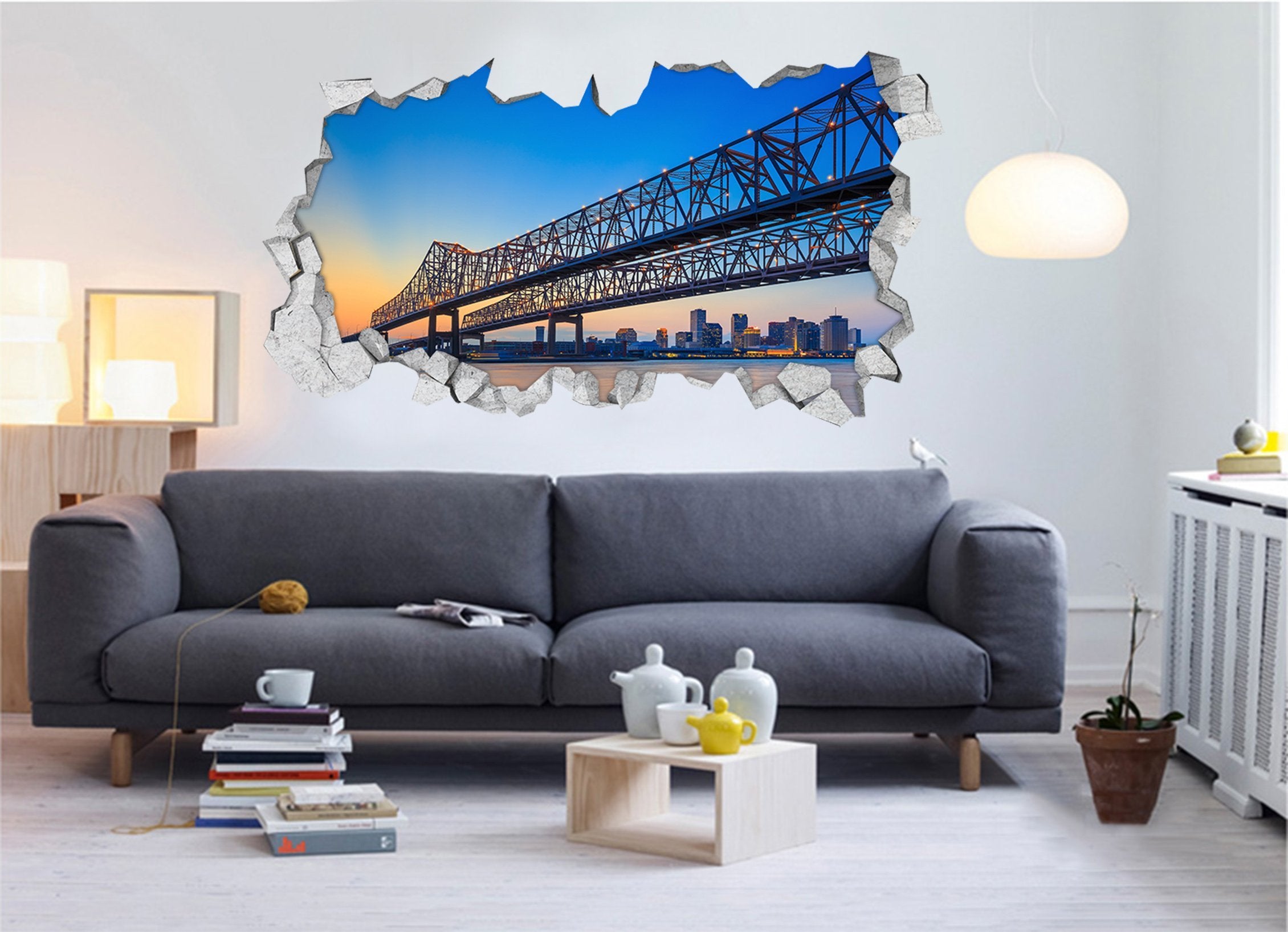 3D City Long Bridges 378 Broken Wall Murals Wallpaper AJ Wallpaper 